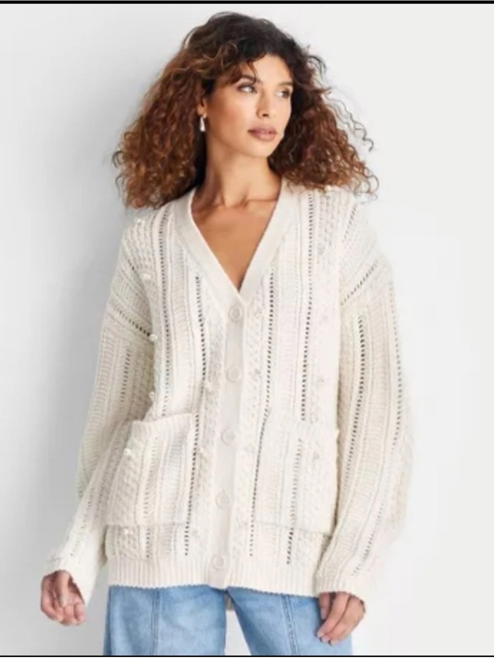 Future Collective Embellished Pearl Cardigan Sweater M Chunky Cream Cable Knit